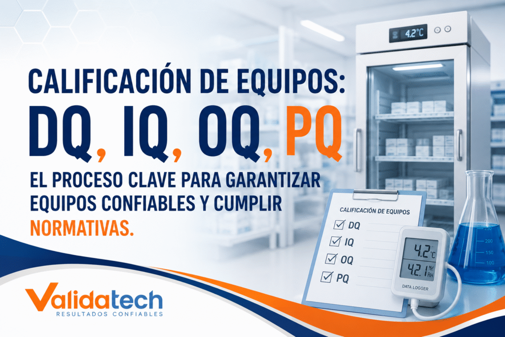 Calificación de equipos farmacéuticos DQ, IQ, OQ y PQ con refrigerador farmacéutico, data logger y elementos de validación regulatoria de Validatech.