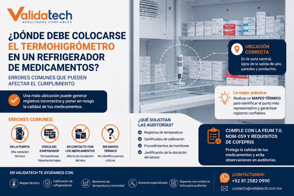 Concientizar sobre la importancia de la correcta ubicación del termohigrómetro dentro de los refrigeradores utilizados para el almacenamiento de medicamentos. Destaca cómo una instalación inadecuada puede generar registros erróneos, afectar la calidad de los productos y representar un riesgo durante una auditoría sanitaria. Además, promueve el mapeo térmico como la mejor práctica para determinar el punto de monitoreo más representativo, garantizando el cumplimiento de los requisitos establecidos por FEUM 7.0, NOM-059 y las verificaciones de COFEPRIS.